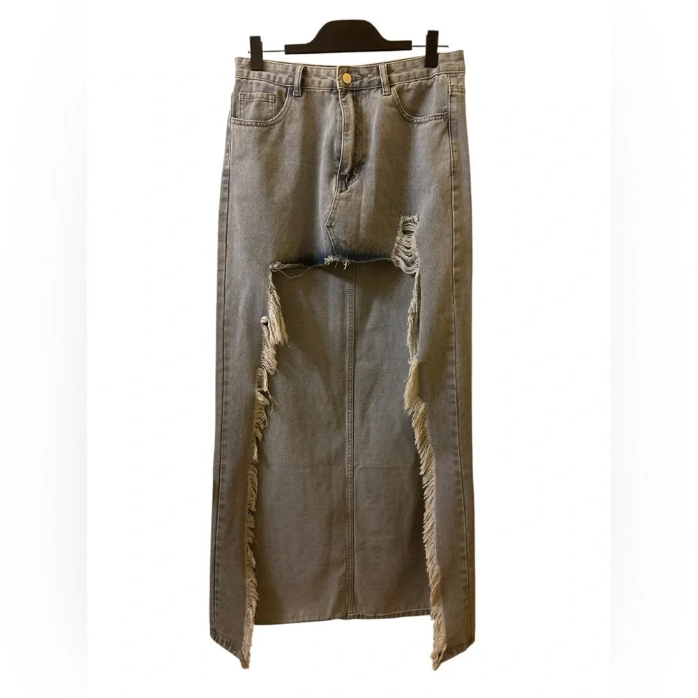 Fashion Nova High-Waist Distressed Maxi Denim Skirt size L
